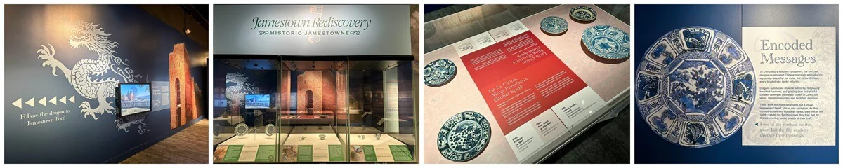 A collage of different areas of the museum, including a floor to ceiling wall mural or a dragon with directional arrows, display cases for fine China along with informational plaques, a wall graphic of a fine China plate along with an informational text graphic on the wall, and another display case with their own interior murals and items.